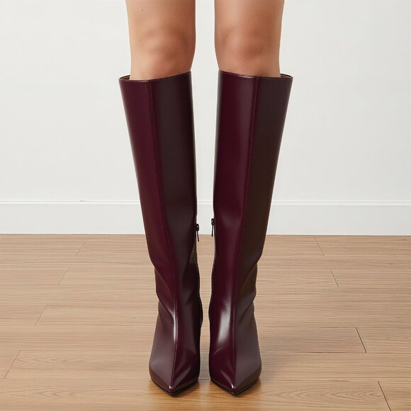 Lurnyet Women's Knee High Boots, Faux Leather Pointed Toe with 2 Inch Heel - Picture 8 of 10